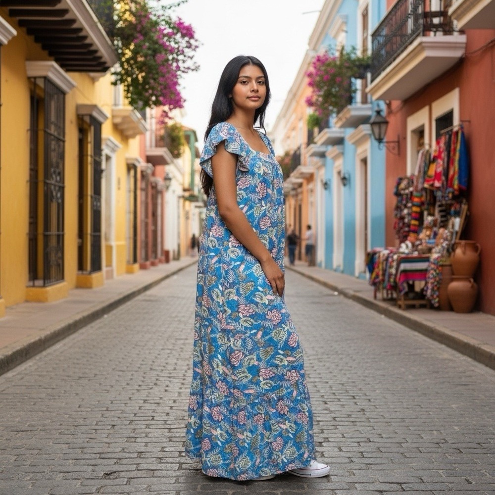 Knox Rose Sz XXL Floral Paisley Maxi Dress Ruffle Sleeve Pockets Vacation Casual